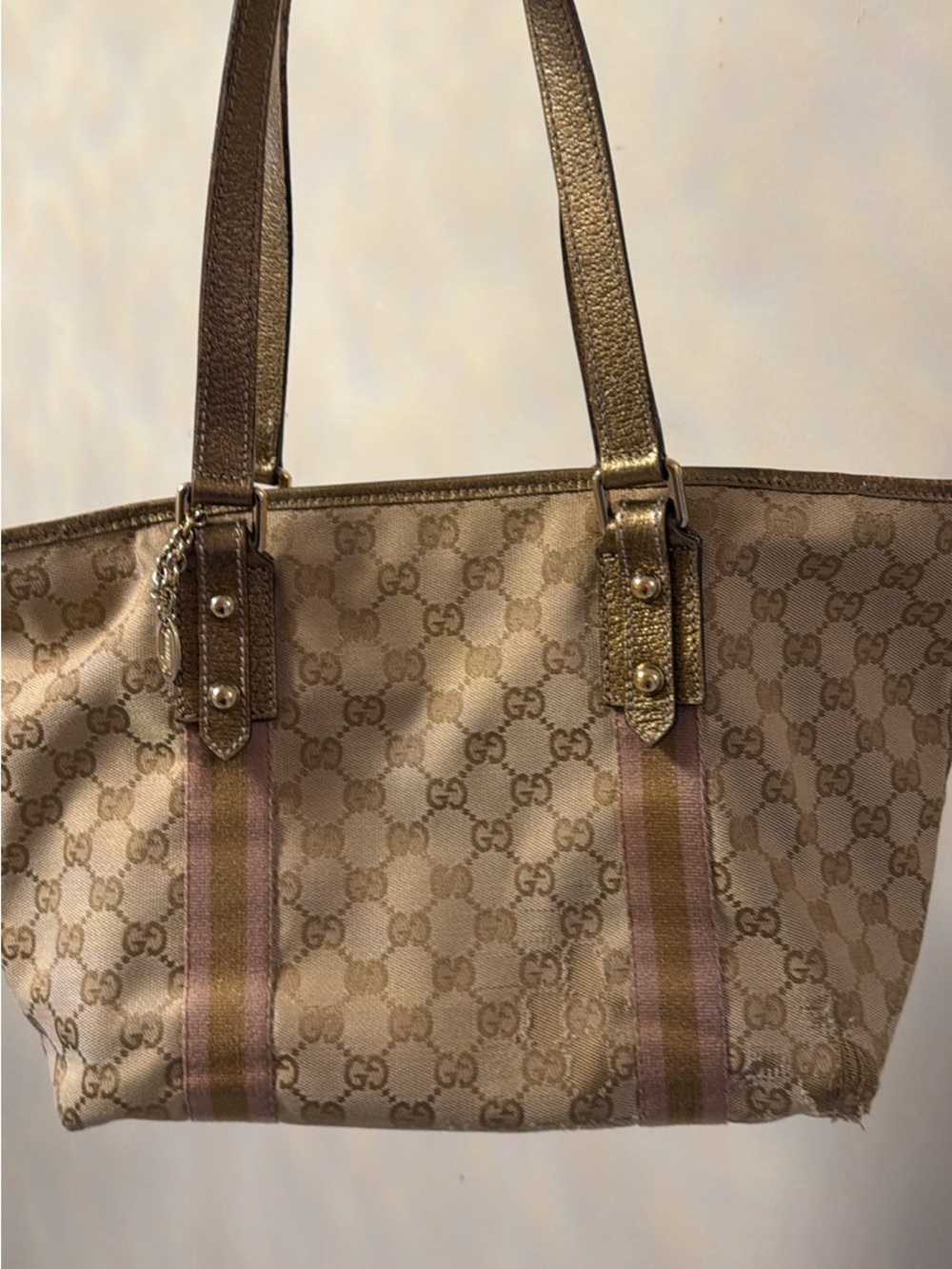 Gucci Beige GG Canvas Tote with Pink Stripe and Gold Trim